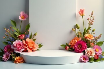 Blank paper podium, vibrant floral arrangement , floral, simple