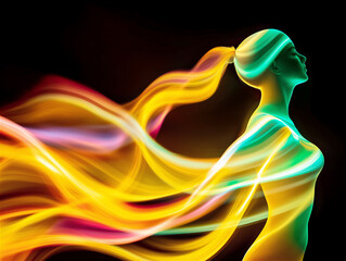 Abstract digital artwork of a glowing human silhouette with multicolored flowing energy ribbons, representing creativity and imagination.