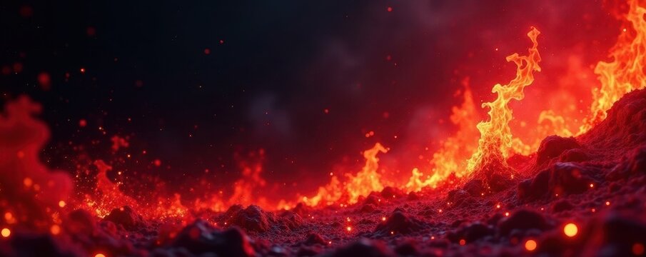 Crimson and gold inferno against pitch-black backdrop , illustration, hellfire