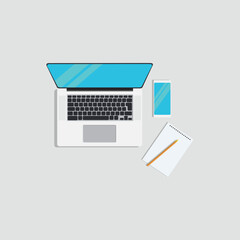 Vector illustration of laptop tp view in cartoon flat style. Flat design top view desktop workspace with laptop, computer, office supplies, and gadgets.