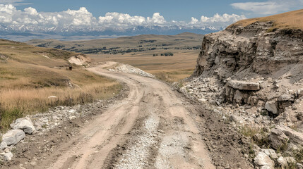 Winding dirt road in Andes mountains, scenic landscape, travel background