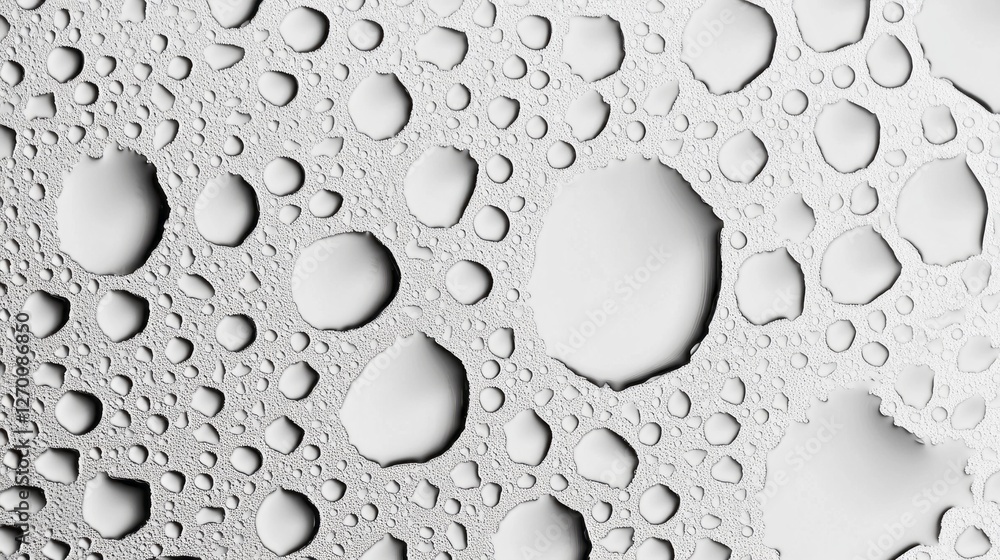 Poster water droplets are artfully scattered across a smooth white surface, reflecting light and creating u