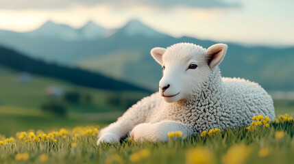Lamb resting in spring meadow, mountains background