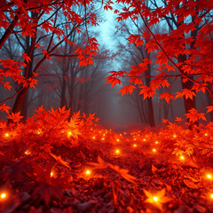 autumn flowers with lights in magical black forest for commercial