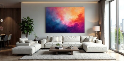 Modern living room, sleek lines, metallic accents, large canvas art , neutral, lighting