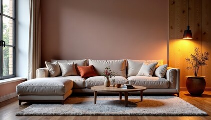 Plush sofa, soft rug, sleek table, warm lighting, living, cushion
