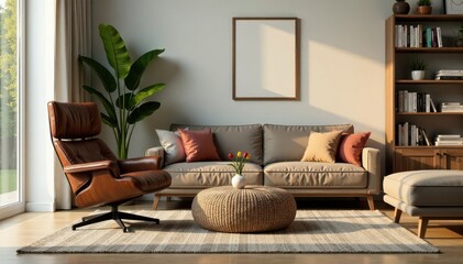 Relaxing living room featuring leather recliner & woven ottoman , design, leather recliner