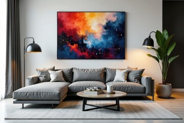 Sleek grey sofa, abstract art, metallic accents Modern living room , sophisticated, room