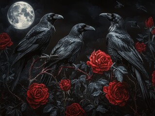 Fototapeta premium Ravens and Roses Under the Full Moon