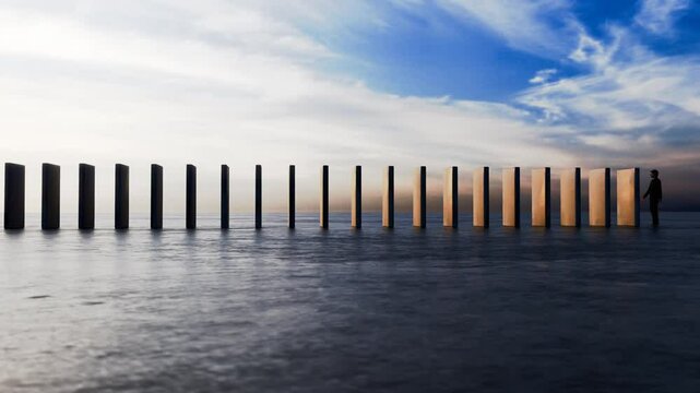3d animation of a large set of domino like objects in a wide open area being pushed over by a man.