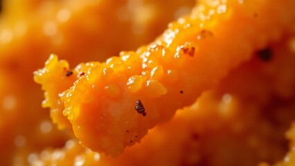A close-up of roasted chicken skin's crispy, golden-brown texture with crackling surface. Lighting highlights its crunchy and savory texture.