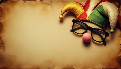 Colorful jester hat and glasses with red nose on vintage paper background symbolizing playful april fool's day fun