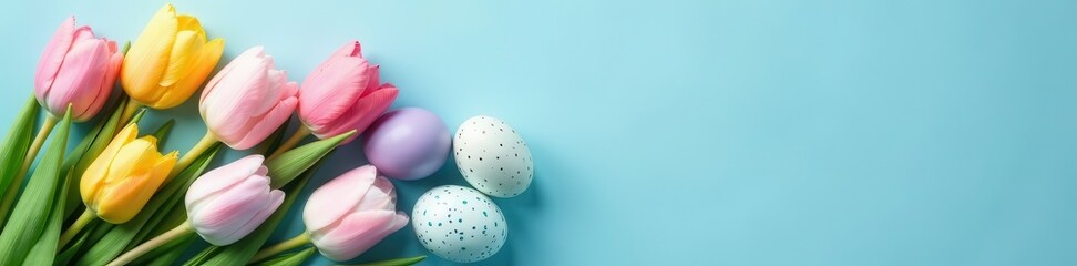 Fototapeta premium Delicate tulips & speckled eggs on serene blue backdrop , blossom, decoration