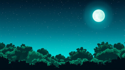 Fototapeta premium A beautiful moonlit night over a serene forest, with soft glowing lights creating a peaceful, mystical atmosphere. The scene emphasizes calmness and nature's beauty.