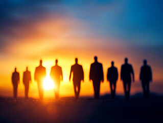 Business leaders walking toward bright horizon at sunset, symbolizing teamwork and ambition