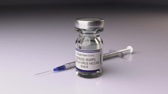 3D animation of a Measles, Mumps, Rubella virus vaccine vial and syringe.