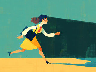 businesswoman in yellow dress runs confidently, stepping into light from shadow