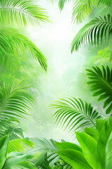 A lush green tropical jungle with vibrant palm leaves and a bright sunny sky, creating a vibrant, exotic atmosphere that invites exploration into the wild.