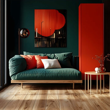 interior deisgn modern living room with dark teal shezlong sofa with wooden floor and red wall cabinet