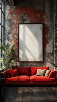 industrial cyber grunge loft living room with a big white vertical canvas on the main wall rick owen house style red design sofa natural light concrete gold high def