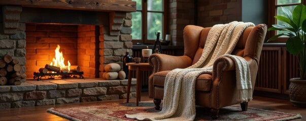 Oversized armchair, knitted throw, fireplace glow , wool, texture