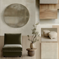 a digital mood board showcasing a serene and minimalist interior design featuring closeup swatches of light oak wood flooring dark oak wood samples and offwhite lime