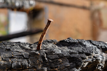 Fototapeta premium Bent and rusty nail on the left side stuck in a piece of burnt wood