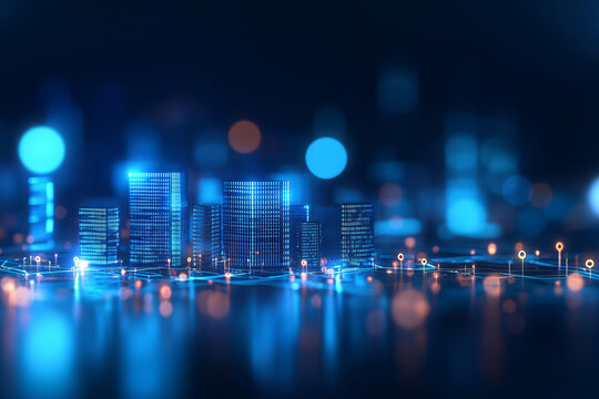Smart city concept with illuminated buildings and digital connections