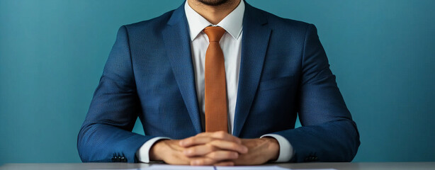 Confident business leader in blue suit presenting strategic plan