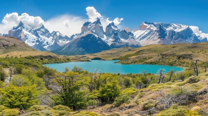 snowy mountain views decorated with lakes and trees