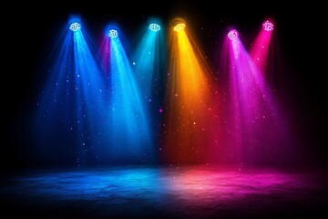 Vibrant and Colorful Stage Lights Illuminating a Dynamic Concert Performance Scene with Bright Neon Beams and Atmospheric Glow