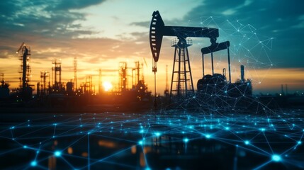 Oil Industry Digitalization. Smart Oilfield Technology Concept With Digital Network Over Oil Pump Jack.