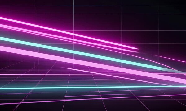 A high-speed retro neon-style intro features vibrant streaks, glitch effects, and bold 80s typography glowing against a dark background.