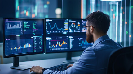 Professional Analyst in Modern Office with Data Dashboards