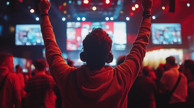 Esports Fan Celebrates Victory at Gaming Tournament with Raised Hands