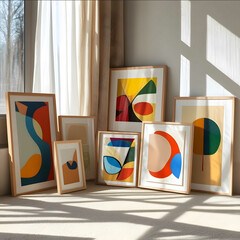 super realistic photo A collection of 7 framed 5x7 art prints arranged on the floor against a blank wall in thin frames of natural light wood The artworks include abstr