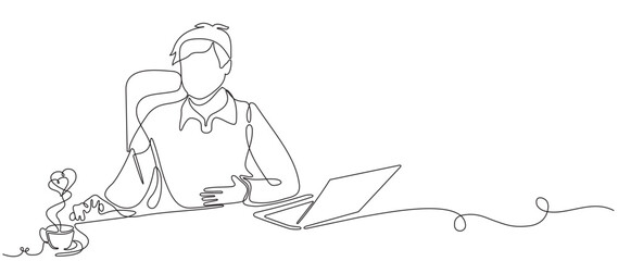 Male businessman working in front of laptop and checking finances. Draw one continuous line