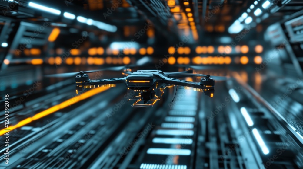 Poster futuristic drone navigating a high-tech environment with neon illumination
