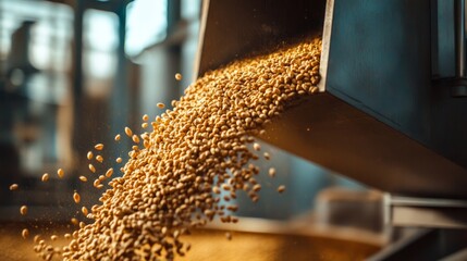 Golden Grains Cascading. Harvest Time At Processing Plant. Focus On Natural Food Production, Agriculture Industry Concept.