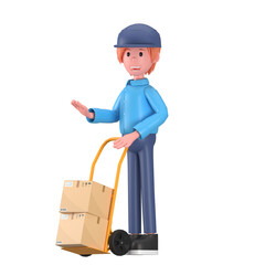Delivery courier man in blue uniform pushing delivery cart. Safe delivery of goods concept. 3d people character illustration. Cartoon minimal style. PNG background