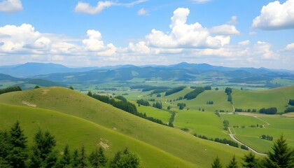Obraz premium Stunning Panoramic View of Rolling Green Hills and Mountains Under a Blue Sky with Fluffy Clouds