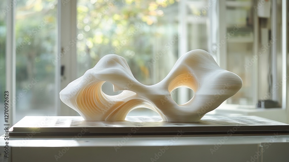 Poster modern 3d printed abstract sculpture on display near a bright window
