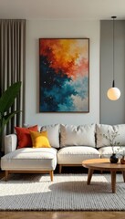 L-shaped sofa in stylish living room, textured rug, coffee table, abstract wall art , modern interior, abstract art