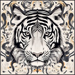 Abstract tiger portrait on ornate background, decorative, print design