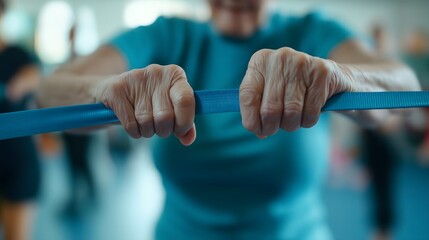 Close-up of elderly woman's hands stretching a blue resistance band during an exercise class in a community center