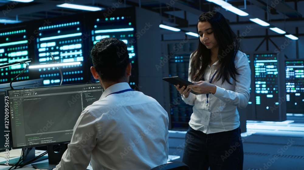 Poster coworkers in high tech data center monitoring security threats, implementing cybersecurity measures.