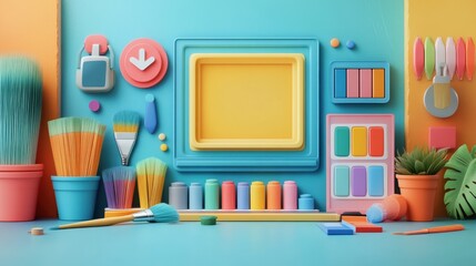 Colorful Art Supplies Display Against Vibrant Background Featuring Paints and Brushes