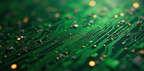 Obraz premium Intricate etched lines form complex circuitry on green PCB , engineering, geometric pattern