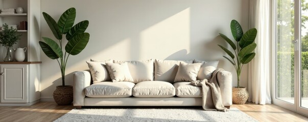 Neutral palette living room, plush sofa, soft lighting, greenery, relaxed, coffee table