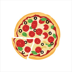 Vector illustration of pizza in cartoon flat style. Whole and chopped pizza icon. Italian pizza with tomato, sausage, pepperoni and mushrooms. top view. pizza with slice. Pizza fast food